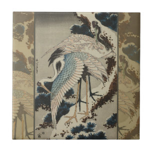 Kraner på ett Snö täckt Gräs Hokusai Kakelplatta