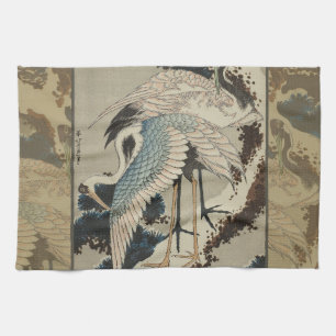 Kraner på ett Snö täckt Gräs Hokusai Kökshandduk
