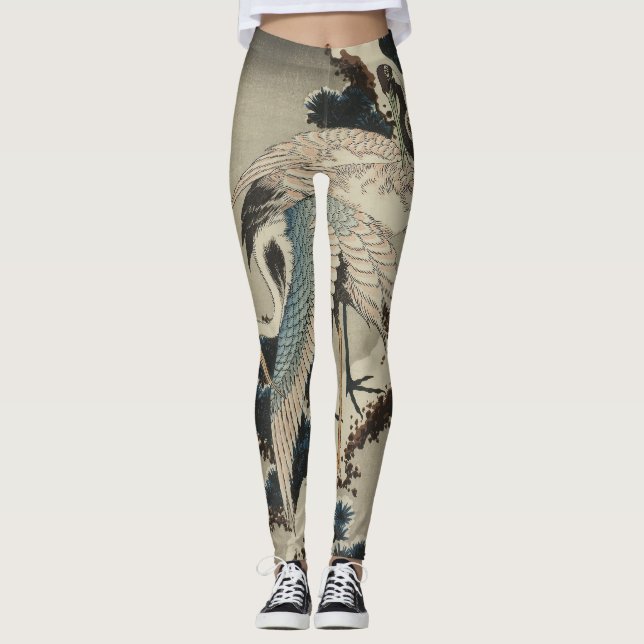 Kraner på ett Snö täckt Gräs Hokusai Leggings (Framsida)