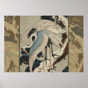 Kraner på ett Snö täckt Gräs Hokusai Poster