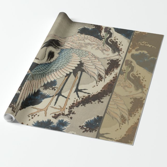 Kraner på ett Snö täckt Gräs Hokusai Presentpapper (Utrullad)