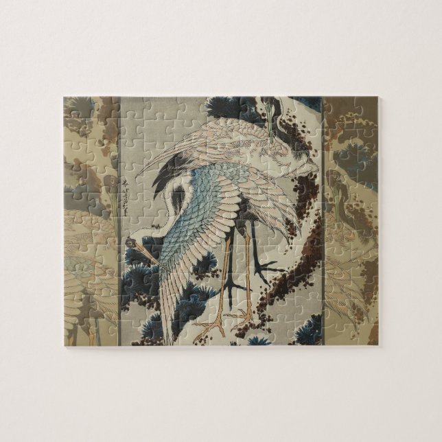 Kraner på ett Snö täckt Gräs Hokusai Pussel (Horisontell)