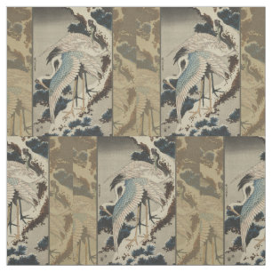 Kraner på ett Snö täckt Gräs Hokusai Tyg