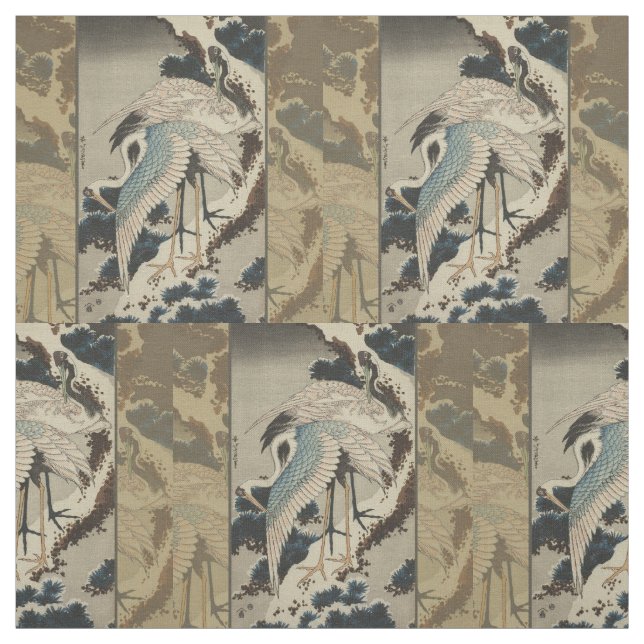 Kraner på ett Snö täckt Gräs Hokusai Tyg (Provkarta)
