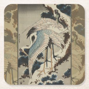 Kraner på ett Snö täckt Gräs Hokusai Underlägg Papper Kvadrat