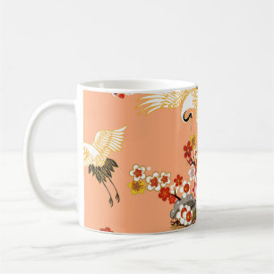 Kraner, sakura, färgstark, blommigt, kantaloupe. kaffemugg
