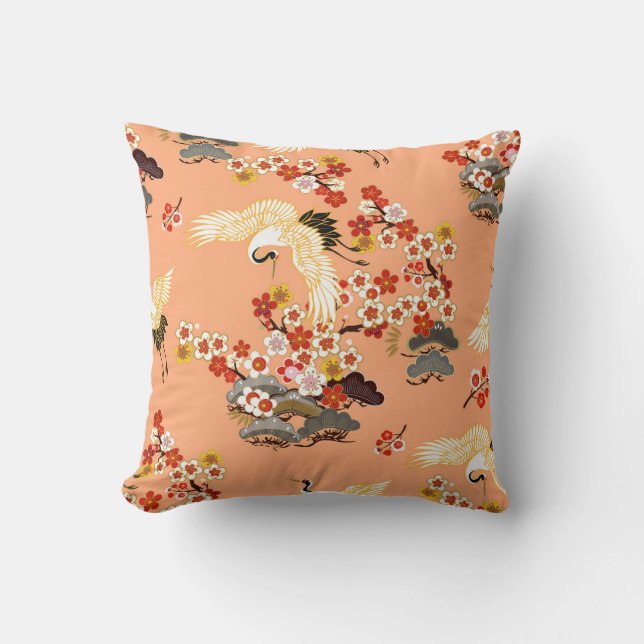 Kraner, sakura, färgstark, blommigt, kantaloupe. kudde (Framsida)