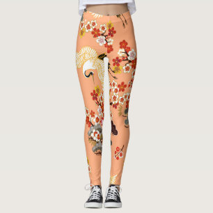 Kraner, sakura, färgstark, blommigt, kantaloupe. leggings