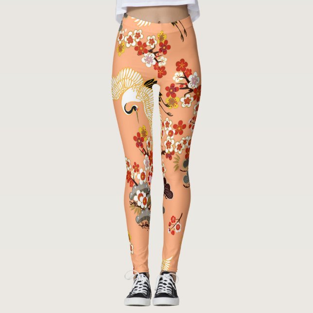 Kraner, sakura, färgstark, blommigt, kantaloupe. leggings (Framsida)