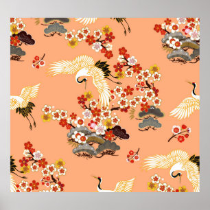 Kraner, sakura, färgstark, blommigt, kantaloupe. poster