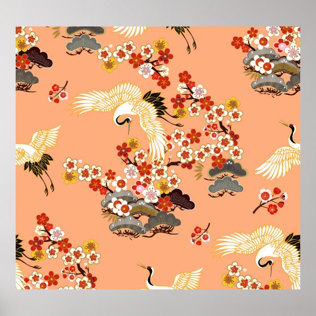 Kraner, sakura, färgstark, blommigt, kantaloupe. poster (Framsidan)