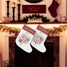 Krans med Baby's First Christmas-foto Stor Julstrumpa