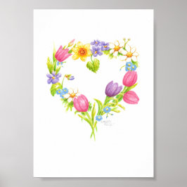 Kransaffisch Vattenfärg Hjärtblommor 5 x 7 Poster