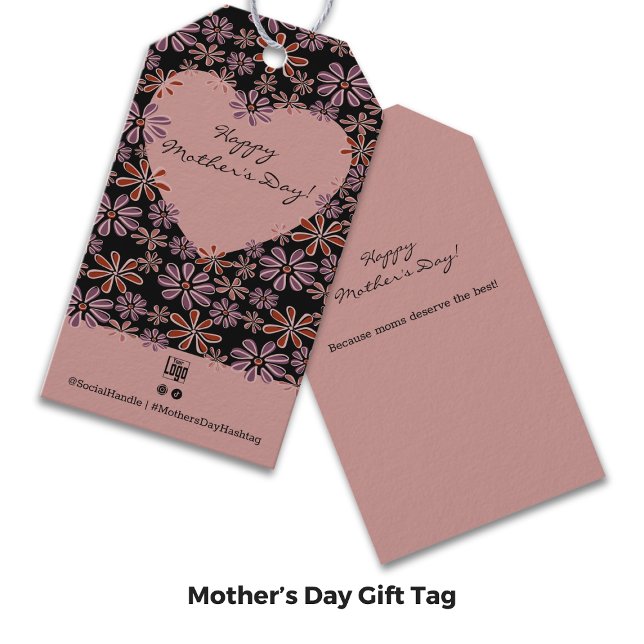 Kransblomster Hj&aumlrta Mors dag Presentetikett (Promotional Flower Heart Happy Mother's Day Gift Tags, Pink & Black)