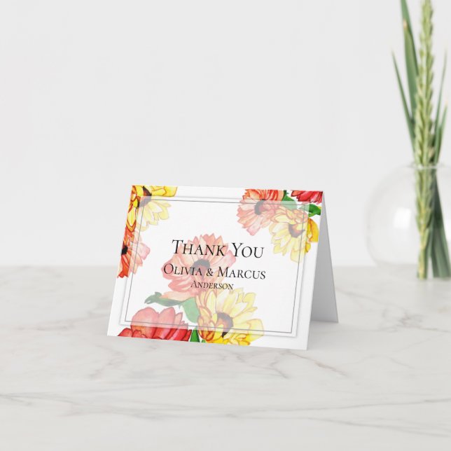 Kransfulla röda och gula tusenskönor tack kort (Framsida)