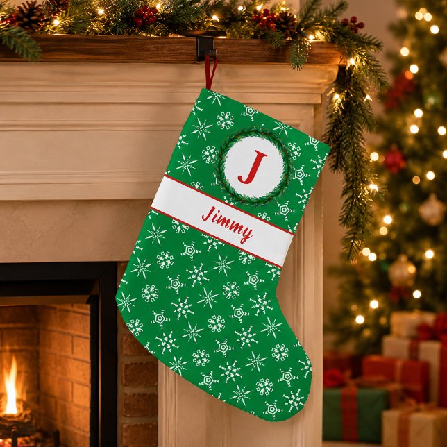 Kransmonogram Ditt Namn Grönt & Vitt Snöflingor Liten Julstrumpa (Wreath Monogram Your Name Green & White Snowflakes Small Christmas Stocking)
