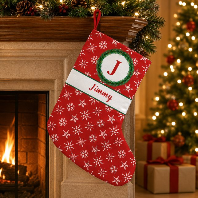 Kransmonogram Ditt namn Röd & Vit Snöflingor Liten Julstrumpa (Wreath Monogram Your Name Red & White Snowflakes Small Christmas Stocking)