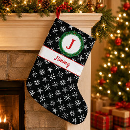 Kransmonogram Ditt Namn Svart & Vita Snöflingor Liten Julstrumpa