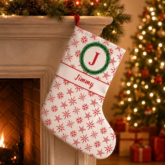 Kransmonogram Ditt namn Vita & Röda Snöflingor Liten Julstrumpa (Wreath Monogram Your Name White & Red Snowflakes Small Christmas Stocking)