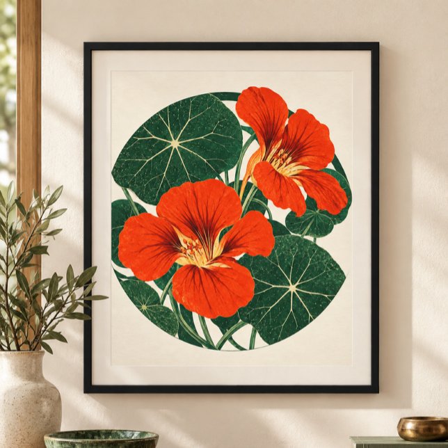 Kransnäcksros Konsttryck Rund Form Poster (Styled display of Nasturtium Roundel Art Print. Frame, mat and furnishings shown for illustration; select framing options separately.)