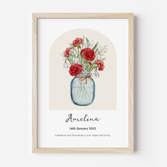 Kransnejlika Snödroppe Födelsemånad Blommig Poster (Personalised January Birth Month Flower Bouquet in Vase Poster | Carnation and Snowdrop.)