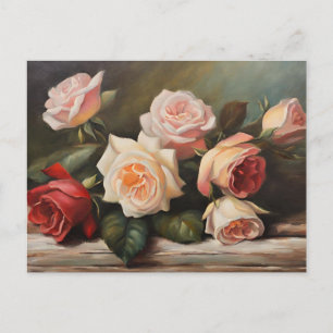 Kream, Rosa, Röd ros still Life Vykort