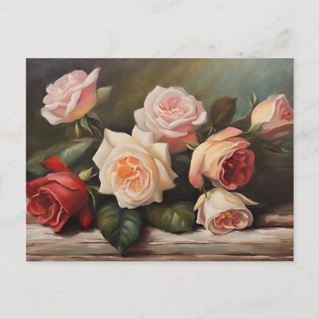 Kream, Rosa, Röd ros still Life Vykort (Framsida)