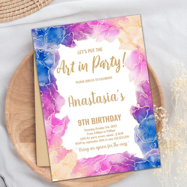 Kreativ Art Party tema för flickor Inbjudningar (Purple Paint Birthday Invitations)