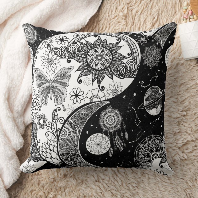 Kreativ Black white Yin Yang Night Day Mandala Kudde (Filt)