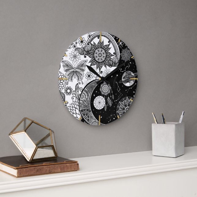 Kreativ Black white Yin Yang Night Day Mandala Stor Klocka (Kontor)