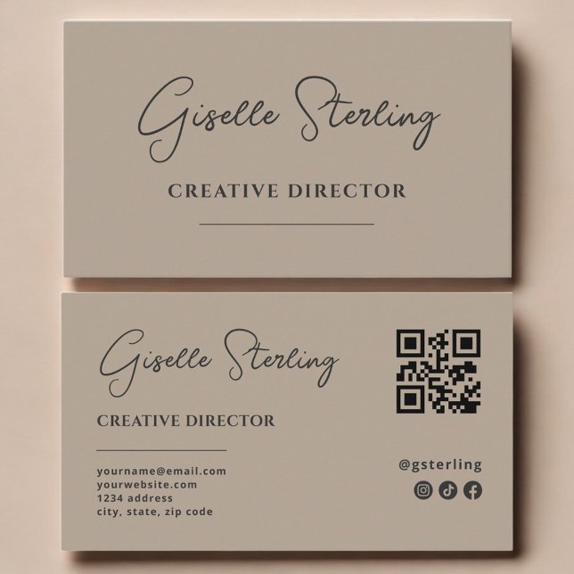 Kreativ chef Neutral Taupe Script QR-kod Visitkort (Skapare uppladdad)