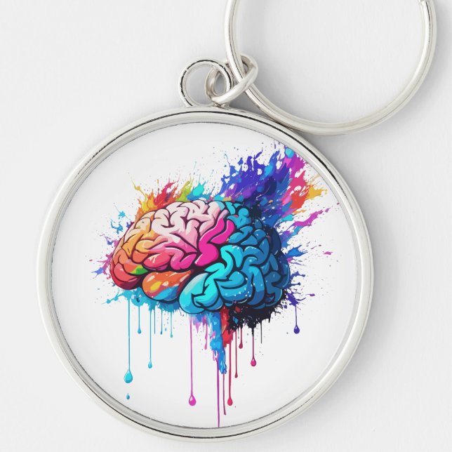 Kreativ Colorful Brain Stänk Artwork Rund Silverfärgad Nyckelring (Framsidan)