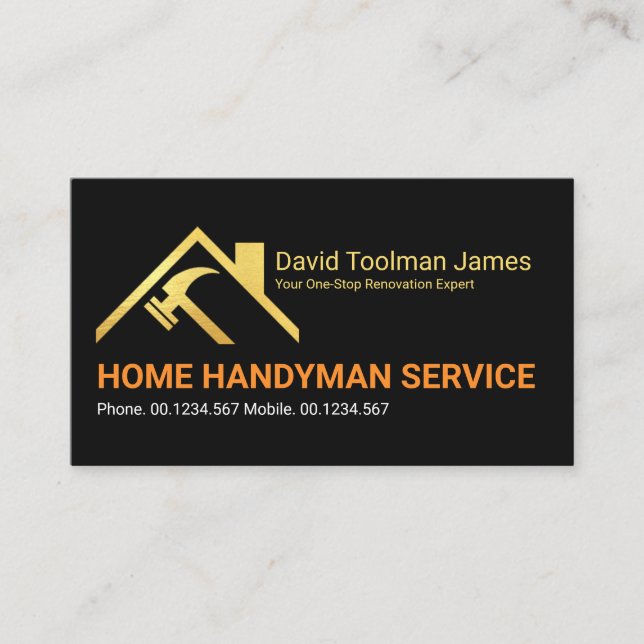 Kreativ Guld Rooftop Hammer Byggnad Handyman Visitkort (Framsida)