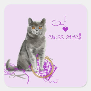 Kreativ Katt med Embroidery Ring Sewing Fyrkantigt Klistermärke