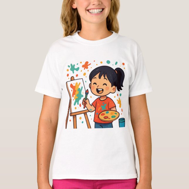Kreativ liten konstnärsflicka – Färgrik målning  T Shirt (Framsida)