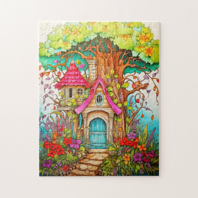 Kreativ Magic Mushroom Treehouse Illustration Pussel (Vertikal)