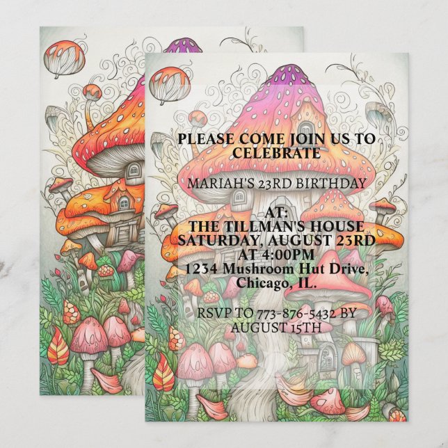Kreativ Mushroom Dwelling Art Födelsedagsfest Inbjudningar (Fram/baksida)