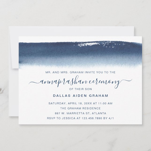 Kreativ Navy Blue Watercolor Annaprashan Inbjudningar (Framsida)