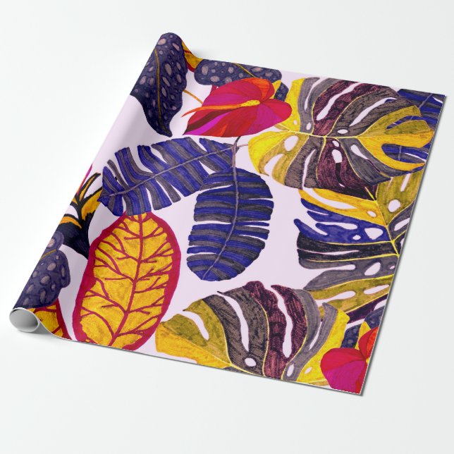 Kreativ sömlöst mönster med tropiska löv och presentpapper (Utrullad)