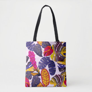 Kreativ sömlöst mönster med tropiska löv och tygkasse