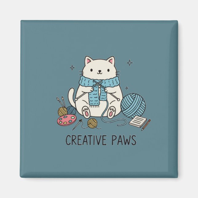 Kreativa tassar Stickar Vit Katt Blå Schal Accent Magnet (Framsidan)