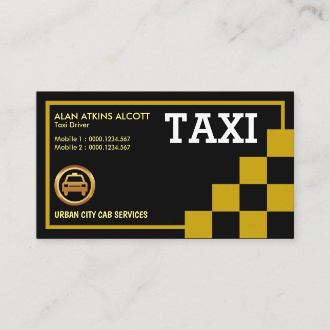 Kreativet Retro Taxi,  för Gult Checkes-rutor Visitkort (Framsida)