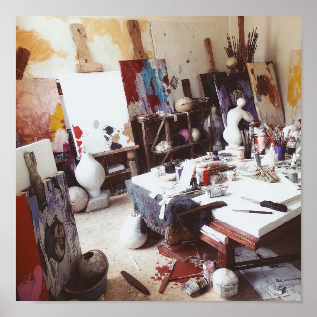 Kreativets chaos: Konstnärens dynamiska arbetsyta Poster (Framsidan)