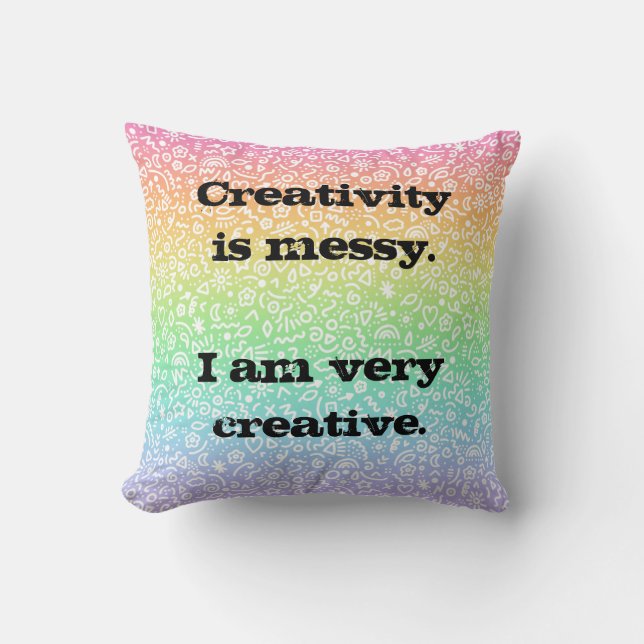 Kreativitet är Messy. Doodles Rainbow Dekorativ ku Kudde (Framsida)
