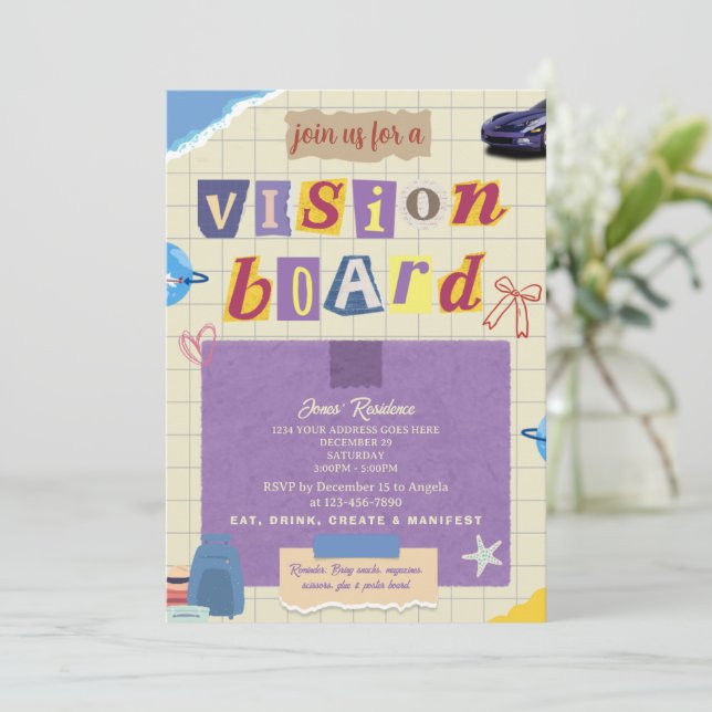 Kreativt Vision Board-flicknattsfirande med Scrapb Inbjudningar (Stående Fram)
