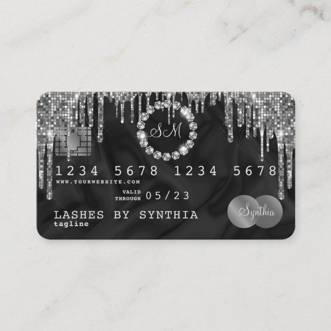 Kredit Card Stil Silver Diamond monogram Visitkort (Framsida)