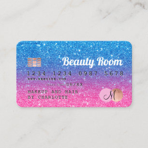 Kredit-kort, blått rosa glitter skönhetsmonogram visitkort