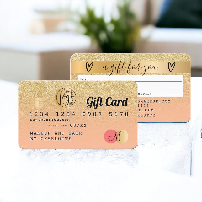 Kredit-kort, chic, guld glitter-persikogåva visitkort (Credit card chic gold glitter ombre peach gift)