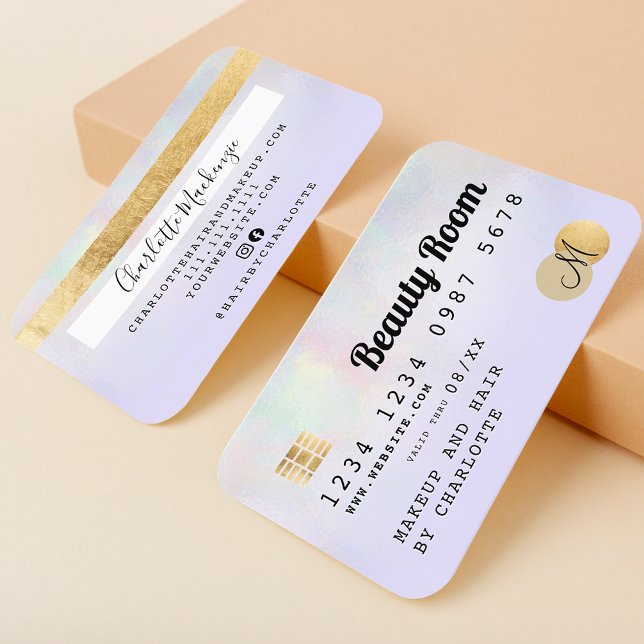 Kredit-kort, holografisk lila skönhet, monogram visitkort (Skapare uppladdad)