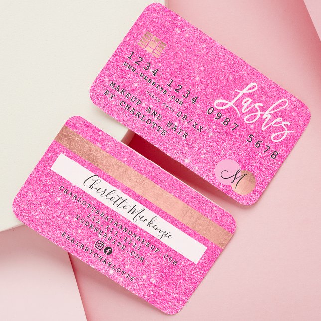 Kredit kort - neon rosa glitter lash monogram (Skapare uppladdad)